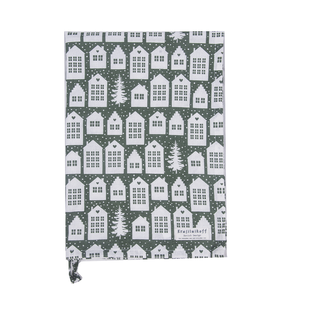 Krasilnikoff Geschirrtuch Townhouses grey Teatowel green