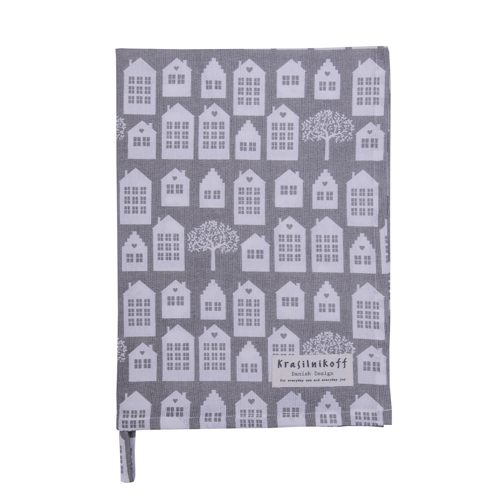 Krasilnikoff Geschirrtuch Townhouses grey Teatowel grau